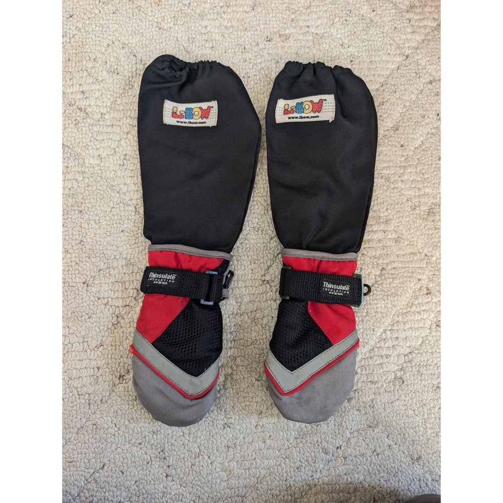 Kids L-Bow Black Red Grey Mittens Size 2-4 Good Thinsulate Gauntlet Waterproof